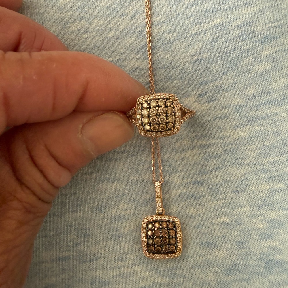 Rose Gold Pavé Square Chocolate Diamond Pendant Necklace and Ring Set